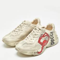 Pre Owned Gucci Cream Leather Rhyton Lace Up Sneakers Size 44