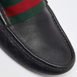Gucci Black Leather Web Trim Slip On Loafers Size 41.5