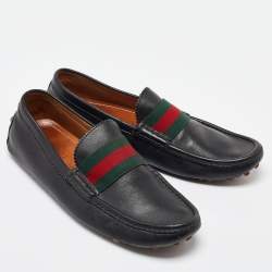 Gucci Black Leather Web Trim Slip On Loafers Size 41.5