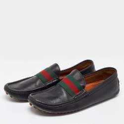 Gucci Black Leather Web Trim Slip On Loafers Size 41.5