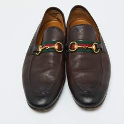 Gucci Dark Brown Leather Horsebit Web Slip On Loafers Size 41