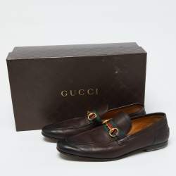 Gucci Dark Brown Leather Horsebit Web Slip On Loafers Size 41