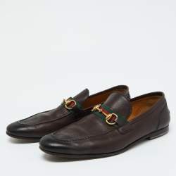 Gucci Dark Brown Leather Horsebit Web Slip On Loafers Size 41