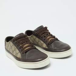 Pre Owned Gucci Beige/Brown GG Supreme Canvas and Leather Low Top Sneakers Size 40.5