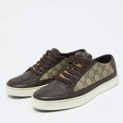 Pre Owned Gucci Beige/Brown GG Supreme Canvas and Leather Low Top Sneakers Size 40.5