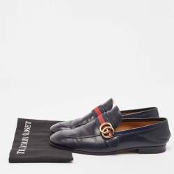 Gucci Navy Blue Leather GG Web Slip On Loafers Size 42.5
