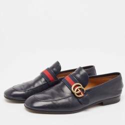 Gucci Navy Blue Leather GG Web Slip On Loafers Size 42.5