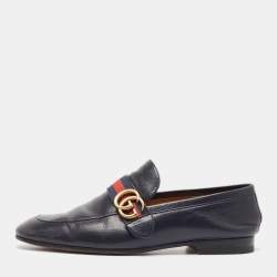 Gucci Navy Blue Leather GG Web Slip On Loafers Size 42.5