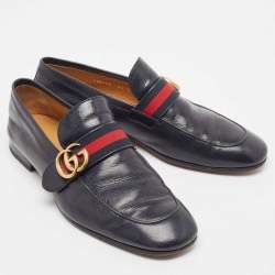 Gucci Navy Blue Leather GG Web Slip On Loafers Size 42.5