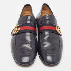 Gucci Navy Blue Leather GG Web Slip On Loafers Size 42.5