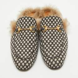 Gucci Two Tone Printed Canvas Fur Lined Princetown Mules Size 45