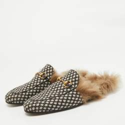 Gucci Two Tone Printed Canvas Fur Lined Princetown Mules Size 45