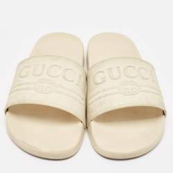 Pre Owned Gucci Off White Rubber Pursuit Logo Embossed Pool Slides Size 45