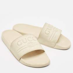 Pre Owned Gucci Off White Rubber Pursuit Logo Embossed Pool Slides Size 45