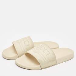 Pre Owned Gucci Off White Rubber Pursuit Logo Embossed Pool Slides Size 45