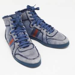 Gucci Blue Suede and Shearling Web Lace Up High Top Sneakers Size 45.5
