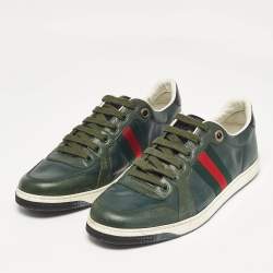 Gucci Green Leather Web Low Top Sneakers Size 44