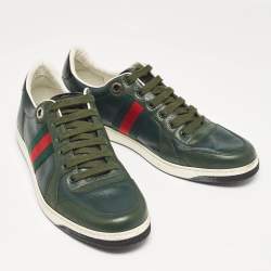 Gucci Green Leather Web Low Top Sneakers Size 44
