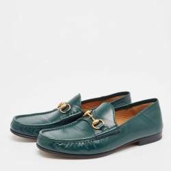 Pre Owned Gucci Green Leather Horsebit Loafers Size 42.5