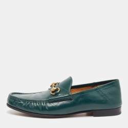 Pre Owned Gucci Green Leather Horsebit Loafers Size 42.5