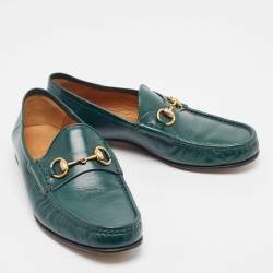 Pre Owned Gucci Green Leather Horsebit Loafers Size 42.5