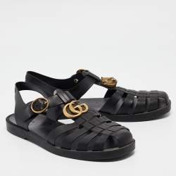 Pre Owned Gucci Black Rubber Marmont And Tiger Embellished Buckle Strap Sandals Size 45