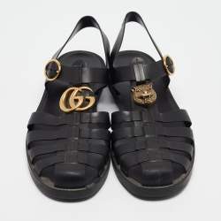 Pre Owned Gucci Black Rubber Marmont And Tiger Embellished Buckle Strap Sandals Size 45