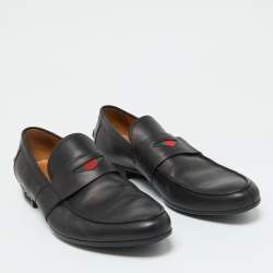Gucci Black Leather Web Detail Loafers Size 42.5