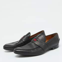 Gucci Black Leather Web Detail Loafers Size 42.5