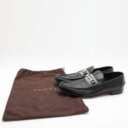 Gucci Black Perforated Leather Horsebit Web Loafers Size 42.5