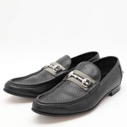 Gucci Black Perforated Leather Horsebit Web Loafers Size 42.5