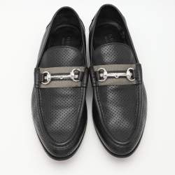 Gucci Black Perforated Leather Horsebit Web Loafers Size 42.5