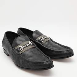 Gucci Black Perforated Leather Horsebit Web Loafers Size 42.5