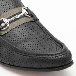Gucci Black Perforated Leather Horsebit Web Loafers Size 42.5