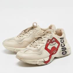 Gucci Cream Leather Mouth Print Rhyton Sneakers Size 45