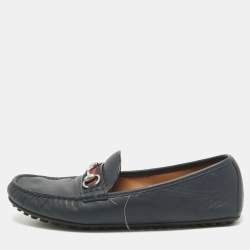 Gucci Navy Blue Leather Web Horsebit Loafers Size 45.5