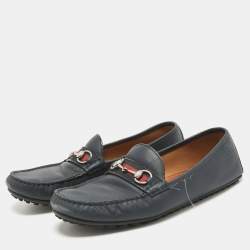 Gucci Navy Blue Leather Web Horsebit Loafers Size 45.5