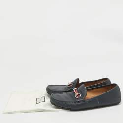 Gucci Navy Blue Leather Web Horsebit Loafers Size 45.5