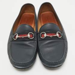 Gucci Navy Blue Leather Web Horsebit Loafers Size 45.5