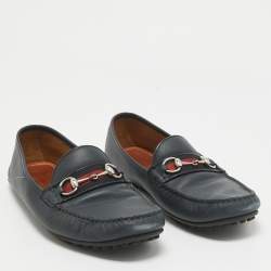 Gucci Navy Blue Leather Web Horsebit Loafers Size 45.5