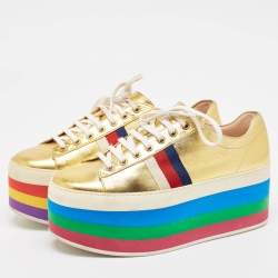 Pre Owned Gucci Gold Leather Peggy Lace Up Sneakers Size 40
