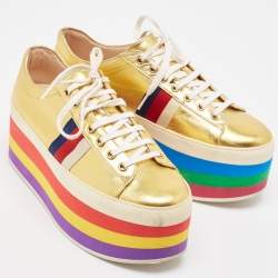 Pre Owned Gucci Gold Leather Peggy Lace Up Sneakers Size 40