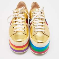 Pre Owned Gucci Gold Leather Peggy Lace Up Sneakers Size 40
