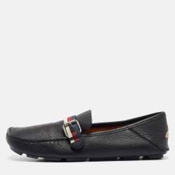 Gucci Black Leather Bee Embroidered Web Loafers Size 41.5