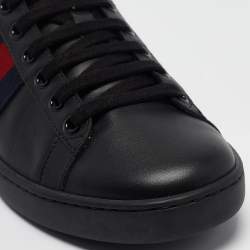 Gucci Black Leather Ace Web Lace Up Sneakers Size 37
