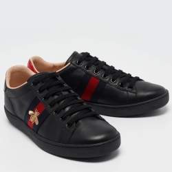 Gucci Black Leather Ace Web Lace Up Sneakers Size 37