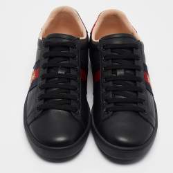 Gucci Black Leather Ace Web Lace Up Sneakers Size 37