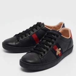 Gucci Black Leather Ace Web Lace Up Sneakers Size 37