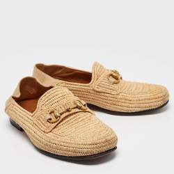 Gucci Beige Leather and Raffia Jordaan Loafers Size 42