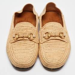 Gucci Beige Leather and Raffia Jordaan Loafers Size 42